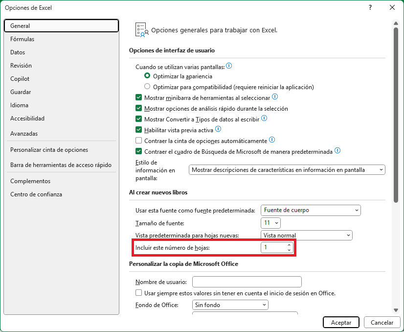 Cómo aumentar el número de hojas predeterminadas en nuevos libros de Excel