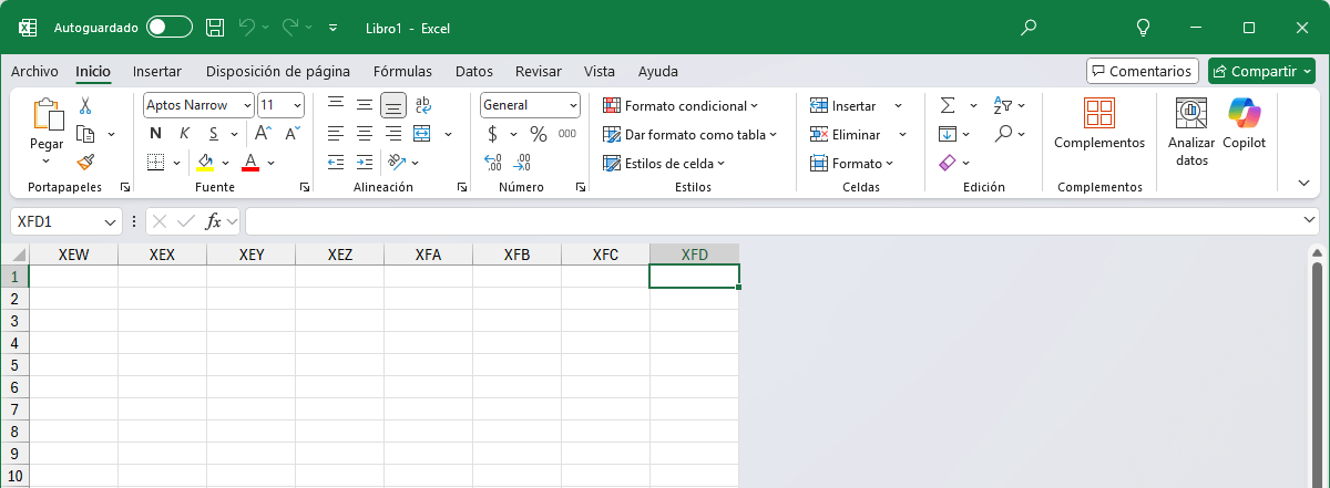 La columna XFD es la última columna de una hoja de Excel
