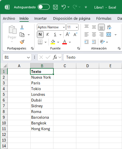 Ejemploos de cadenas de texto en Excel