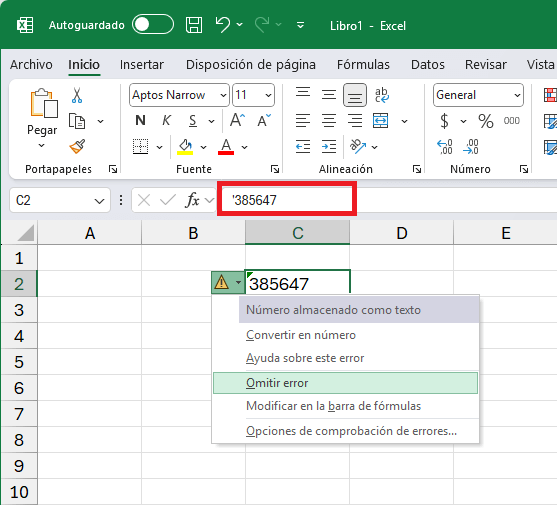 Ingresar un número como cadena de texto en Excel