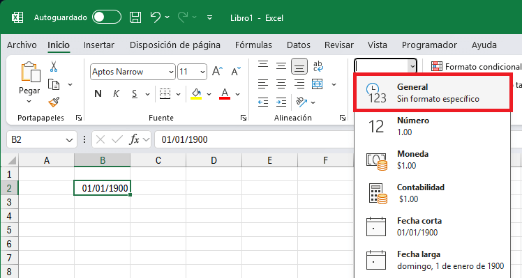 Representación numérica de la fecha base 01/01/1900 en Excel