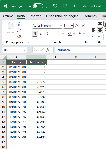 Tablas de fechas y valores numéricos que las representan en Excel