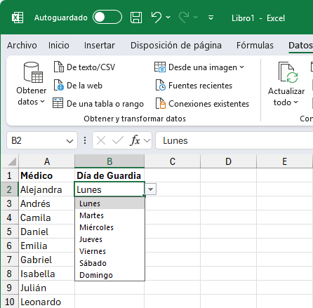Lista de validación de datos en Excel