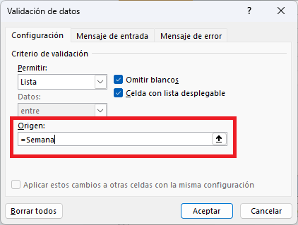 Rango nombrado como el Origen de una lista desplegable