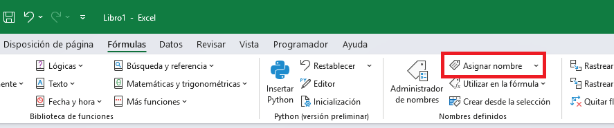 Comando Asignar nombre en Excel