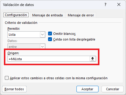 Nombre de rango que obtiene los datos de una tabla como el origen de una lista desplegable