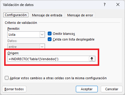 Usar la función INDIRECTO para establecer los datos de una tabla como el origen de una lista desplegable