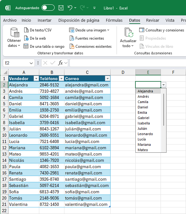Lista desplegable en Excel que usa la función INDIRECTO para obtener los datos de una tabla
