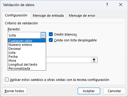 Como remover la lista de validación de datos de una celda