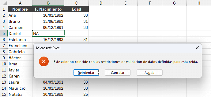 Mensaje de validación de datos en Excel