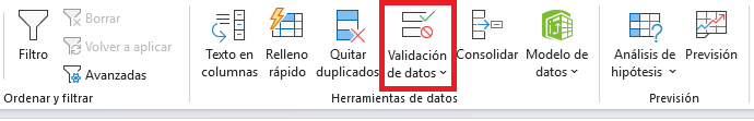 El comando Validación de datos en Excel