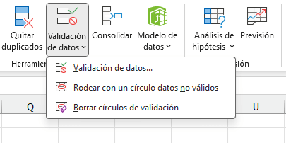 Menú desplegable del comando Validación de datos