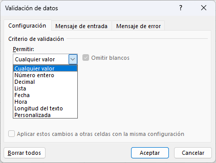 Cuadro de diálogo Validación de datos