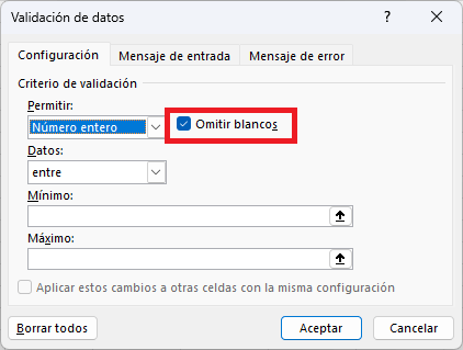 La opción Omitir blancos en la validación de datos
