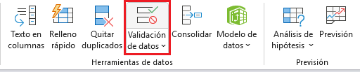 Comando Validación de datos en Excel