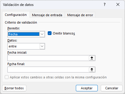 Cuadro de diálogo Validación de datos en Excel