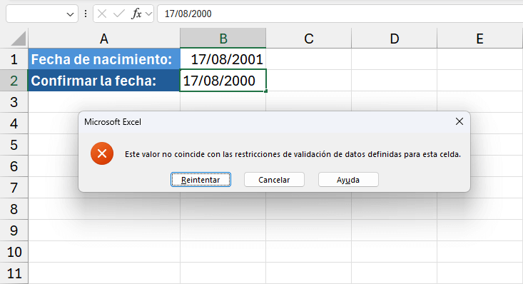 Mensaje de advertencia al validar fechas en Excel
