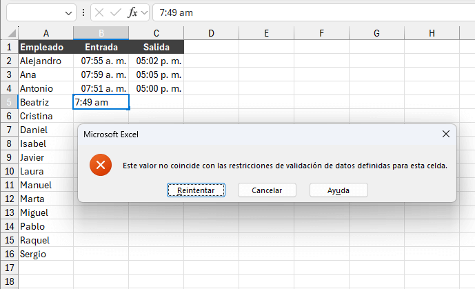 Ejemplo de validación de horas en Excel