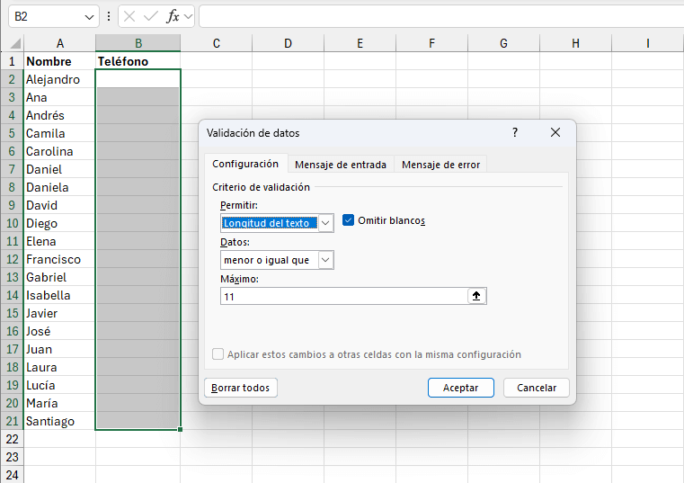 Validar la longitud de un texto en Excel