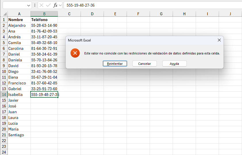 Mensaje de advertencia al validar la longitud de un texto en Excel