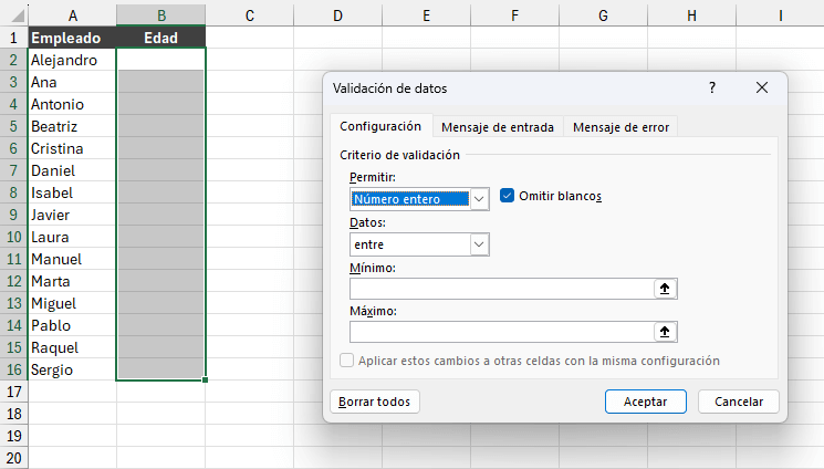 Validación de números enteros en Excel