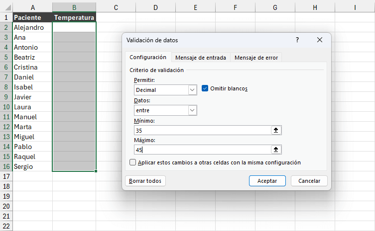 Validación de decimales en Excel